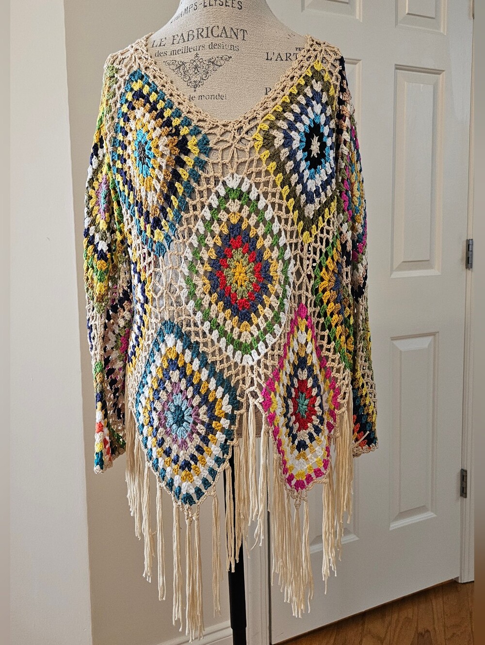 Blakeley Colorful Open Knit Fringe Poncho NWOT-walker rose-neverfullydressed - Picture 7 of 11